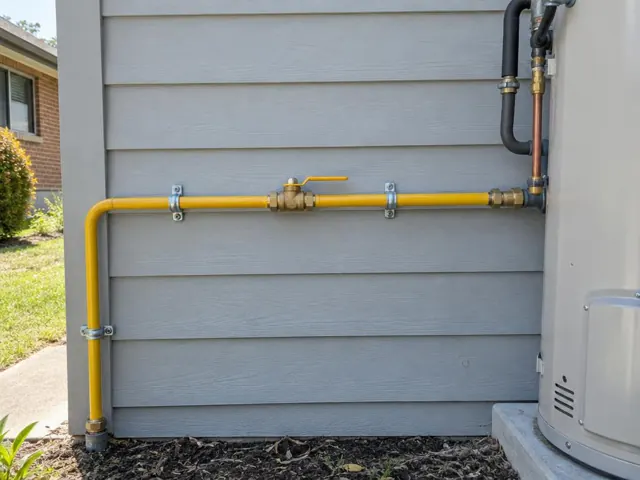 Yellow gas pipe with valve and fittings on grey exterior wall in Kellyville